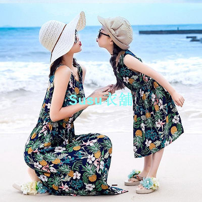 女童和女士親子服裝夏季沙灘裙時尚夏威夷設計碎花連衣裙母親和女兒