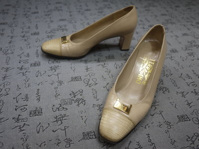 Salvatore Ferragamo 金屬標蜥蝪紋飾真皮中跟鞋 USA 6.5 B EUR 37 JPN 23.5