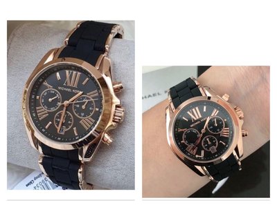MICHAEL KORS Bradshaw 黑色錶盤 橡膠包覆玫瑰金色不鏽鋼錶帶 羅馬數字 石英 女士手錶 MK6580腕錶