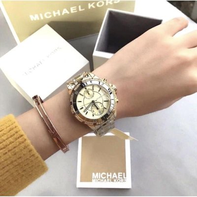 MICHAEL KORS MK5689雙眼不銹鋼錶帶金色腕錶/男女錶/中性款