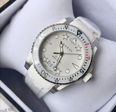 GUCCI Dive 陶瓷圈 白色面錶盤 白色橡膠錶帶 石英 男士手錶 YA136337