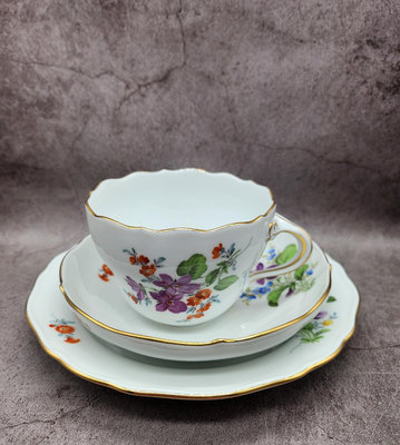 德國Meissen梅森花卉咖啡杯碟盤3件套1849