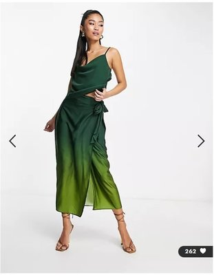 (嫻嫻屋) 英國ASOS-Style Cheat綠色鍛面漸層高腰綁帶中長裙PK22