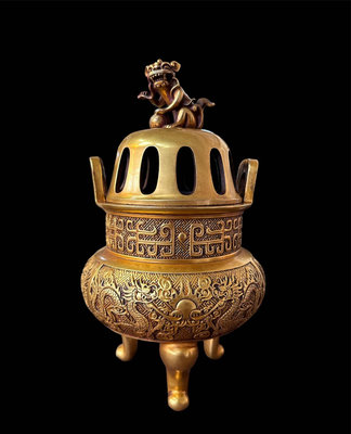 藏古院-紫銅鎏金獅子蓋爐