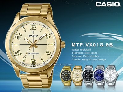 CASIO 手錶專賣店 國隆 CASIO 手錶 MTP-VX01G-9B 男錶 指針錶  金色離子鍍錶帶 防水 礦物玻璃