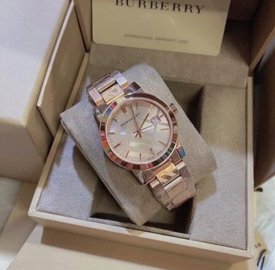 BURBERRY 玫瑰金色立體格紋錶盤 不鏽鋼錶帶 石英 女士手錶BU9146 腕錶