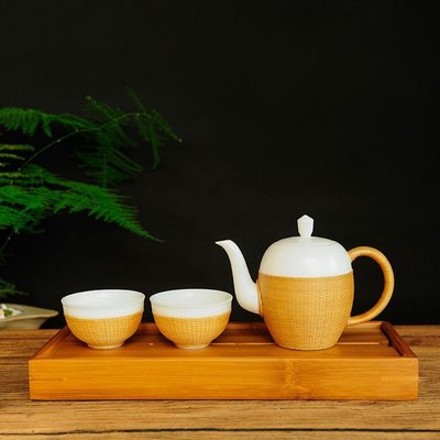 瓷胎竹編套裝茶具手工藝品成都竹絲扣瓷茶杯送老外中秋禮品功夫茶-草莓熊小店