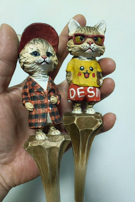 【現貨一個】天羽工藝木雕手工作品，卡通寫實貓咪，小貓樣品木雕