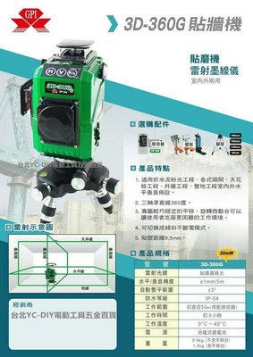 【台北益昌】來電最低價 GPI 3D-360G 貼磨 機 基 綠光 懸吊式 墨線雷射儀 雷射水平儀 4垂直4水平