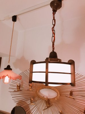 1920-1930年代 大正-昭和時期 包銅邊的老玻璃吊燈 古道具 Vintage