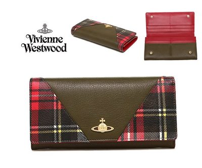 Vivienne Westwood (橄綠色×紅色×彩色格紋) 真皮兩摺長夾 皮夾 錢包｜100%全新正品｜特價!