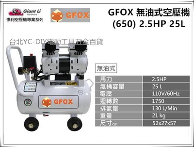 【台北益昌】GIANTLI GFOX 無油式 雙缸2.5HP 25L 110V/60Hz 空壓機 空氣壓縮機 足碼足升