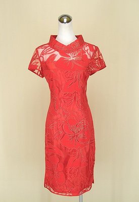 ◄貞新二手衣►東方貴族 紅色雕花立領盤釦短袖緞面網紗旗袍洋裝m號(80646)
