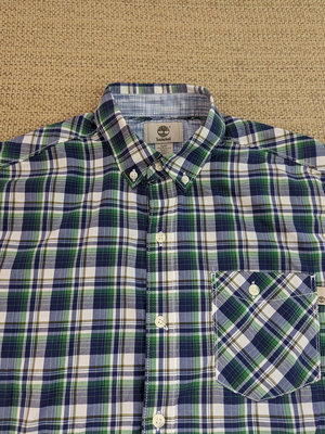 Timberland 藍綠色棉質短袖襯衫 格紋襯衫 格子襯衫