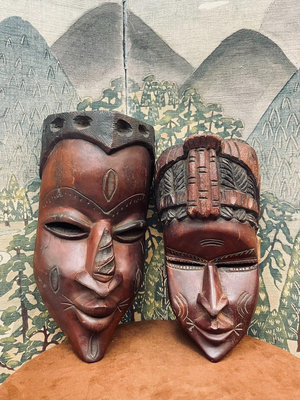 vintage中古非洲木雕面具，一木雕一木挖，手工木雕掛件擺