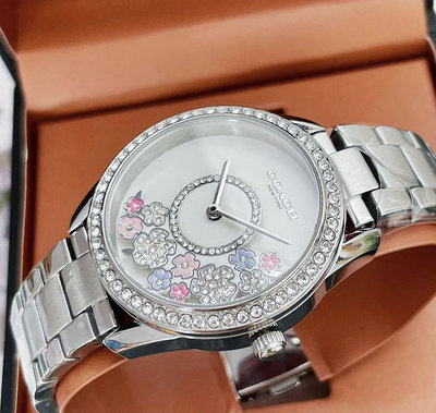 COACH Preston 晶鑽花朵白色錶盤 銀色不鏽鋼錶帶 石英 女士手錶 14503775