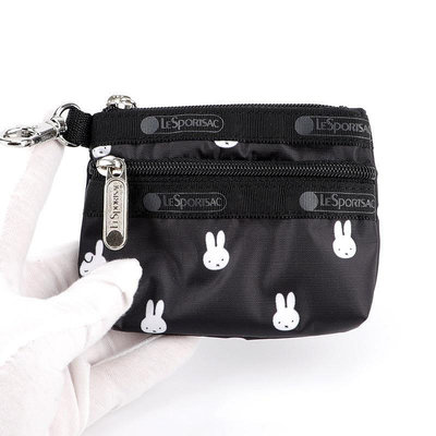 新款熱銷 LeSportsac miffy 米菲兔 黑底 3394 掛勾 雙拉鍊零錢包 收納包 鑰匙包 證件夾 工作證 降落傘防水 限量