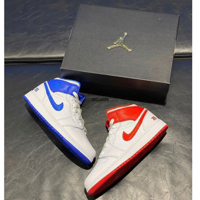 【正品】Nike Air Jordan 1 MID SE (GS) 女 白紅藍 鴛鴦 中筒 休