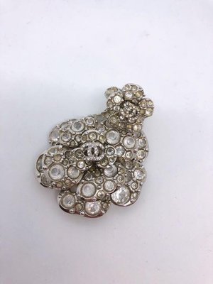 Chanel vintage香奈兒超美經典山茶花立體花朵造形銀色水鑽戒指+胸針別針套組