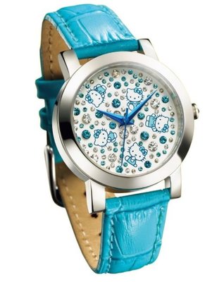 鼎飛臻坊 Hello Kitty 凱蒂貓 時尚鑲鑽真皮 腕錶 手錶 日本正版