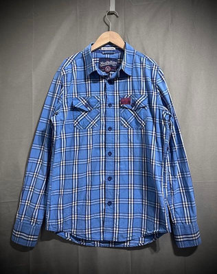 Superdry blue plaid shirt 修身藍格紋襯衫 男 L