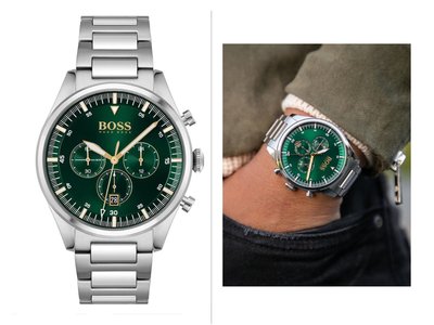 HUGO BOSS Pioneer 綠色錶盤 銀色不鏽鋼錶帶 石英 三眼計時 男士手錶 1513868