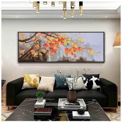 新中式手繪抽象油畫客廳沙發背景裝飾畫植物輕奢壁畫床頭掛畫柿子正品