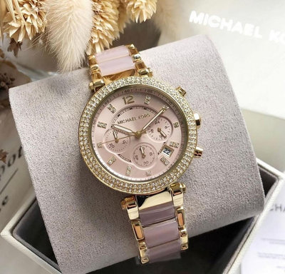 MICHAEL KORS 水鑽圈 粉色錶盤 不鏽鋼錶帶 石英 三眼計時 女士手錶 MK6326