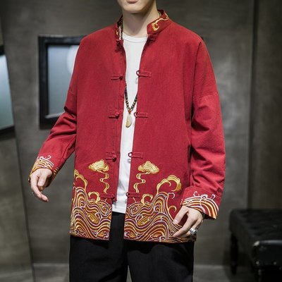 熱銷 復古唐裝民族風刺繡夾克男士中國風漢服秋裝上衣中式大碼盤扣外套 中國風男裝