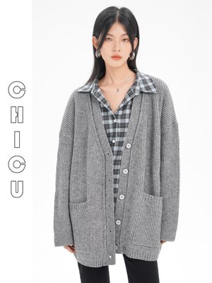 CHIC U 日常著裝寬鬆慵懶毛衣外套慵懶風灰色針織開衫女秋季溫柔氣質毛衣
