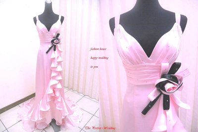 【時尚屋婚紗禮服】粉色緞面法式設計師A字長擺造型款《二手禮服》～Ｂ６１１(歡迎預約試穿)