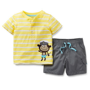 【安琪拉 美國童裝/孕婦裝】Carter's 2件式套裝-黃白條紋小猴子造型T恤+短褲