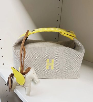 【翰貝格名牌館】全新真品 HERMES 檸檬黃 小款 帆布 拉鍊 手拿包 便當袋 化妝包 洗漱包 現貨