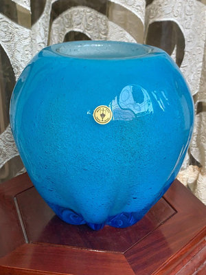 日本中古 Iwata巖田硝子藍花瓶手作氣泡琉璃高20cm