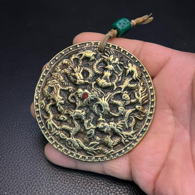 藏傳高級別利馬銅九龍牌掛件 藏區老物件銅雜件
