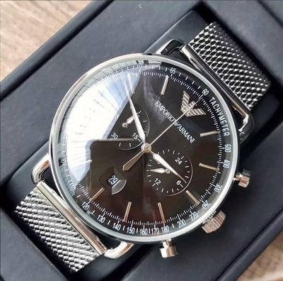 EMPORIO ARMANI 黑色錶盤 銀色不銹鋼米蘭編織錶帶 石英 雙眼計時 男士手錶 AR11104