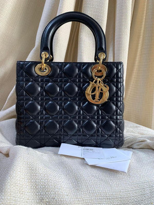 小巴黎二手名牌真品Dior黛妃包 五格 25公分 黑金 有商品卡 防塵袋