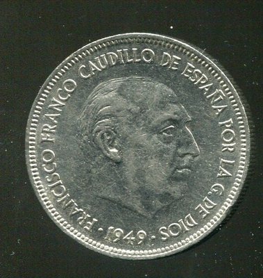 【硬幣】SPAIN (西班牙)，5 Pesetas，K778，1949 (暗記49)，#205605 品相極美上XF+