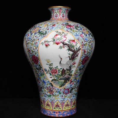 古董瓷器 清乾隆粉彩描金花鳥紋梅瓶，高38cm直徑27cm，編號60-22836