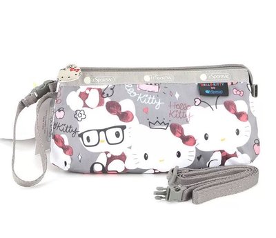 【熱賣精選】 LeSportsac 8105 Kitty 灰色 凱蒂貓聯名系列手掛繩多夾層化妝包 零錢包 收納包 降