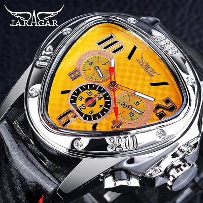 現貨男士手錶腕錶Jaragar男士六針三角形全自動機械手錶個性賽車腕錶夜光皮帶男錶