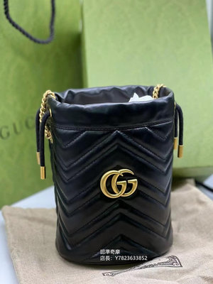 二手正品 Gucci 古馳 mini 抽繩水桶包 鏈條包 黑色 雙G 單肩斜挎包 575163