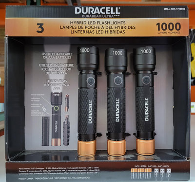 【小如的店】COSTCO好市多代購~DURACELL 金頂 充電電池兩用手電筒-內含鹼性電池.充電電池.充電線(3入組) 1718596