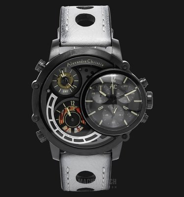 【金台鐘錶】Alexandre Christie 三地時間計時碼錶 黑殼x白帶 超大錶徑 (9221 MTLIPBA)