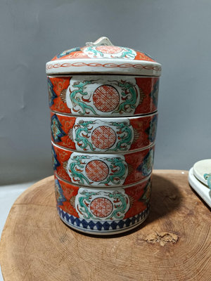 日本回流瓷器古董明治時期古伊萬里多重箱多重盒，蓋子裂沾了，圖