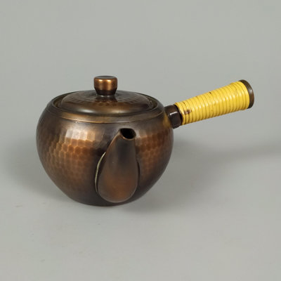 日本紫銅側把壺橫手急須內燻銀中古茶具回流老物件