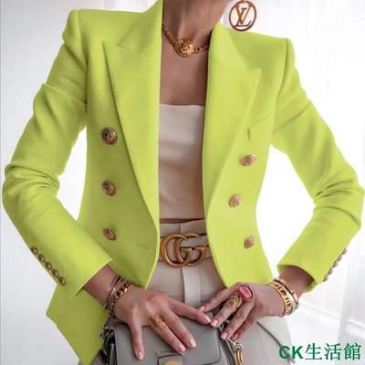 CK生活館綠色上衣女生衣著綠色合身 西裝 外套女韓版 女裝素色時尚休閒西裝短外套衣服女