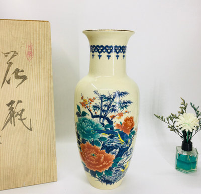 日本回流九谷燒花瓶    木仙作  花鳥紋花瓶 大尺寸