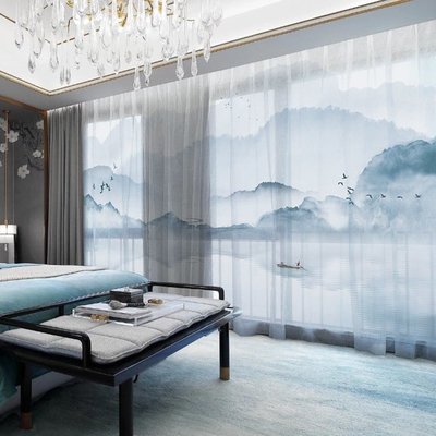 定制新中式窗簾布紗簾現代臥室客廳書房茶館藍色調山水水墨畫飄窗