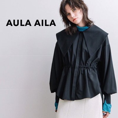 SHINY SPO 獨家代理日本設計師品牌AULA AILA 造型大片尖領腰部抽繩設計澎袖長版襯衫 白